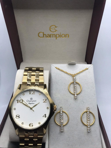 Relógio Champion Dourado Feminino Original + Colar E Brincos