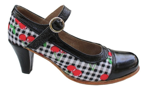 Zapatos, Piel Y Textil, Cuadros Cerezas, Tacon7cm, Artesanal