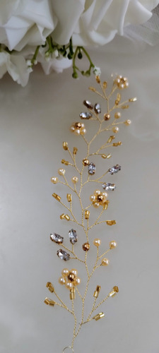 Tocado Dorado Novias ,15 Cm, Perlas, Strass , Canutillos, Dorado