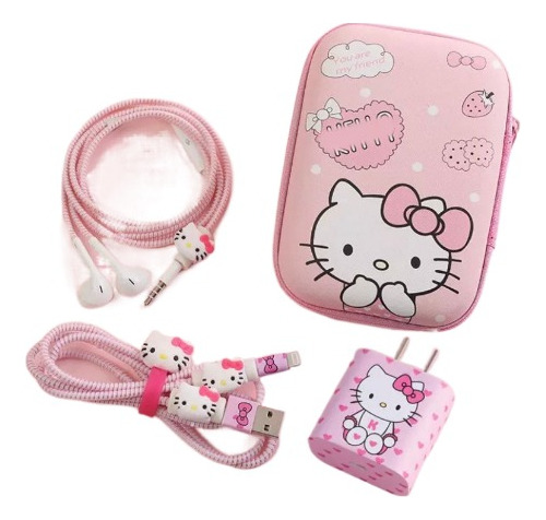 Kit Protector De Cables Hello Kitty Rosado Incluye Estuche 