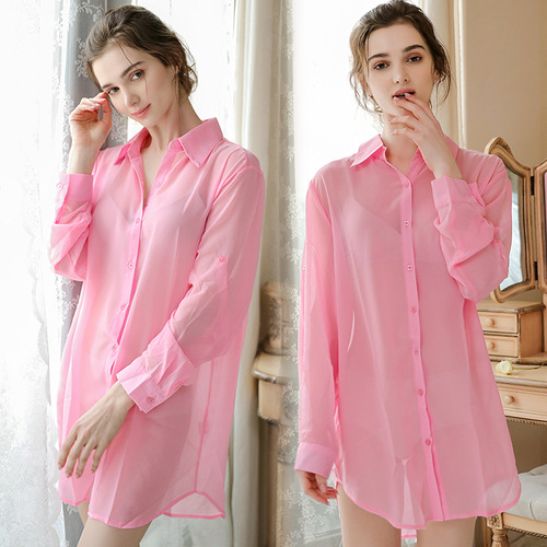 Loose Style Blouse Shirt Pink Sexy Sheer Women Loose Long