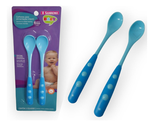 Colher Para Alimentação Infantil Silicone Kit Com 2 Azul