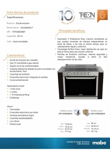 Estufa Empotrable Mabe Xoc80800ct1 A Gas En Acero Inox