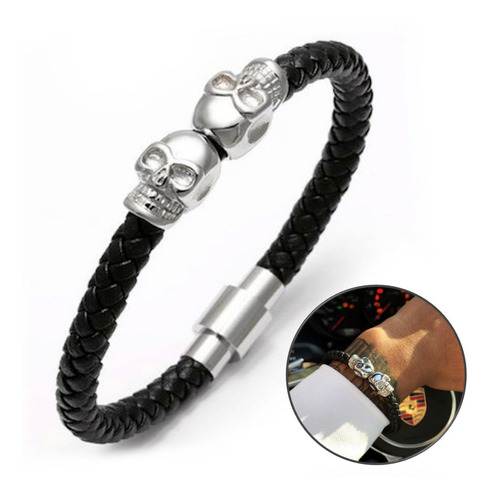 Pulseira Masculina De Couro Duas Caveiras Gêmeas Prateada