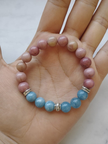 Pulsera De Piedras - Rodonita Y Calcedonia Azul