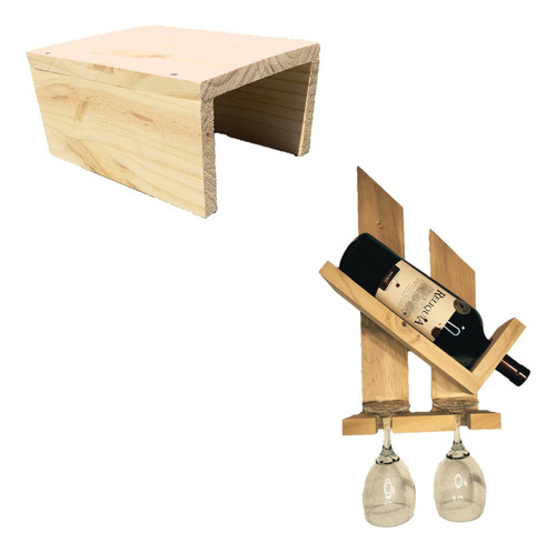 Kit Mesa Auxiliar Arrime Y Porta Vinos Cava 2 Copas Madera