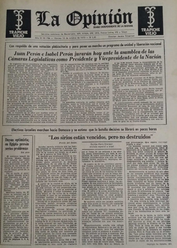 La Opinion 12/10/1973 Asumen Juan Peron E Isabel Peron