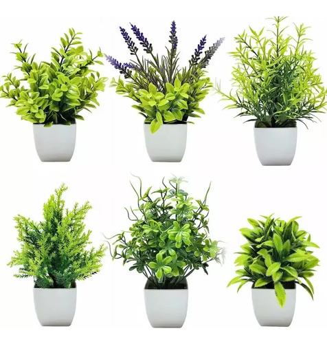6 Macetas Plantas Artificiales Barro Decoración Bonsai Verde