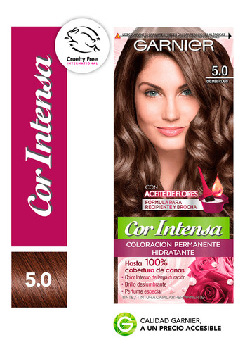 Kit Tinta, Oxidante Cor Intensa  Aceite de flores Kit Coloración Permnente Hidratante Garnier Cor Intensa tono 5.0 castaño claro 20Vol. para cabello