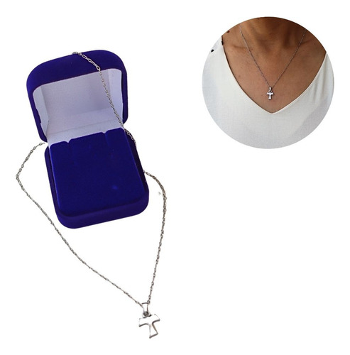 Colar Prateado Com Medalha Tau Franciscano Mini Em Prata Cor Azul