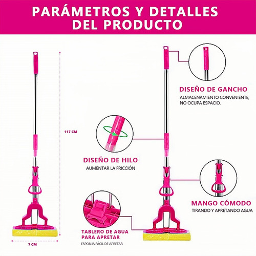 Fregona De Esponja Súper Absorbente Con Mango Telescópico Rosa