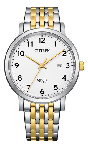 Reloj Citizen Bi507651a Para Hombre Triple Manecilla Fecha Malla Dos Tonos Bisel Plateado Fondo Blanco