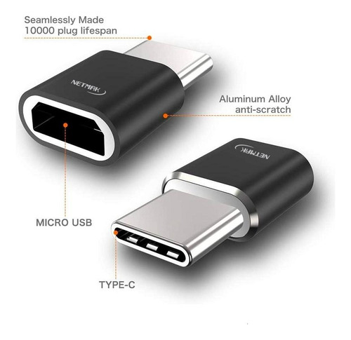 Imagen 3 de 5 de Adaptador Netmak Tipo Usb C Macho A Micro Usb Hembra 2.0