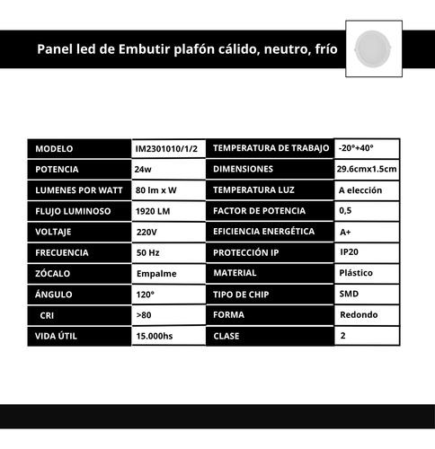 Panel Led Embutir Redondo 24w Plafon Calido Neutro Frio