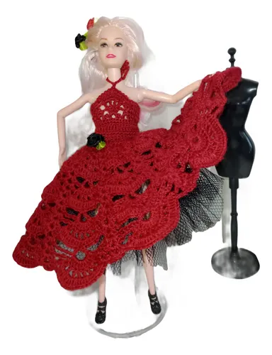 comprar Ropa Muñeca Barbie A Crochet:vestido Corto De Fiesta Con Tul