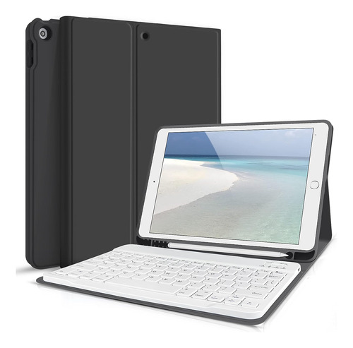 Funda Negra Soporte Teclado Blanco Para iPad 7/8/9