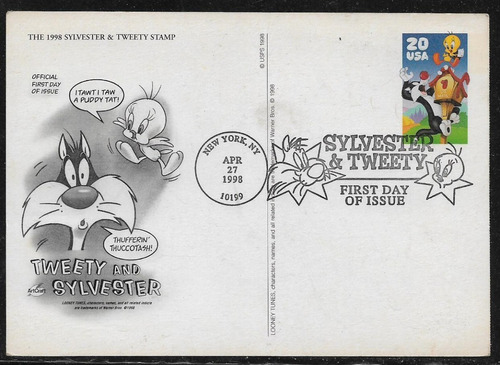 U S A Sylvester & Tweety Tarjeta 1º Día Ver Reverso Año 1998