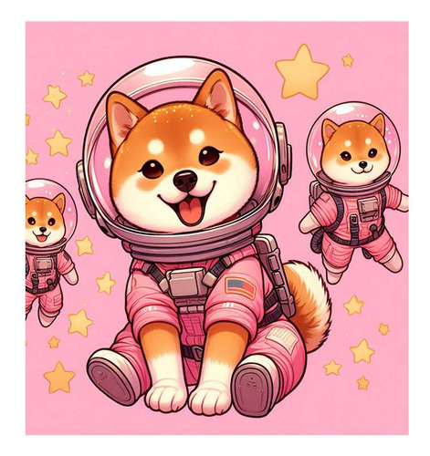 Vinilo 45x45cm Shiba Inu Perro Astronauta Fondo Rosa