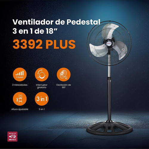 Ventilador Pedestal Piso Y Pared Mytek 3392 Plus 18 Pulgadas 3 Velocidades 3 En 1 Potente 85 Watts