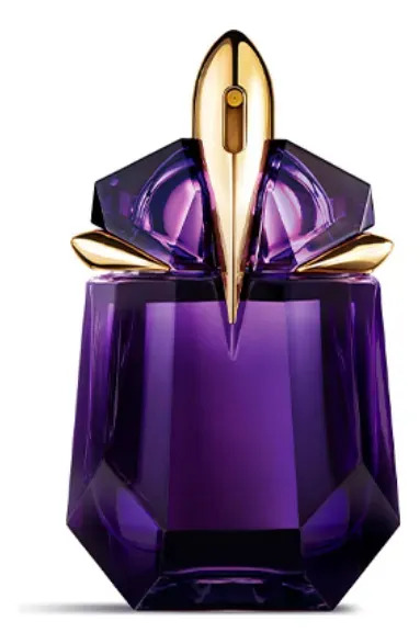Frasco de perfume Alien Eau de Parfum Mugler de 30ml com design em vidro roxo facetado e tampa dourada