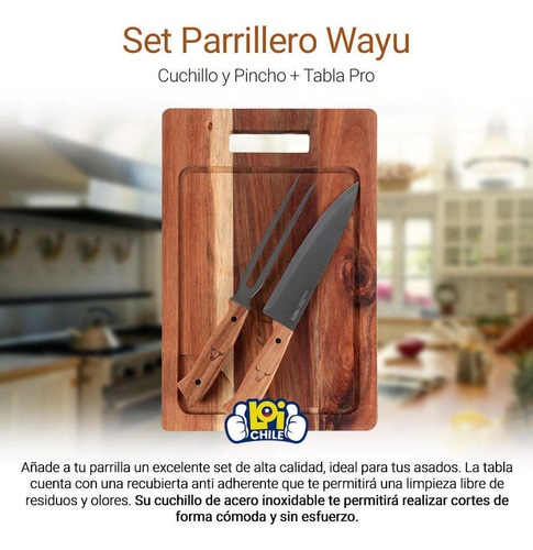 Imagen 2 de 6 de Set Parrillero Wayu Cuchillo Y Pincho + Tabla Pro Loi Chile