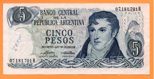 Billete 5 Pesos Ley, Bottero 2330, Año 1974 Mb + Escritura