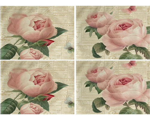 ~? Rose Flower Table Mats Set Of 4 Vintage Shabby Chic Peach