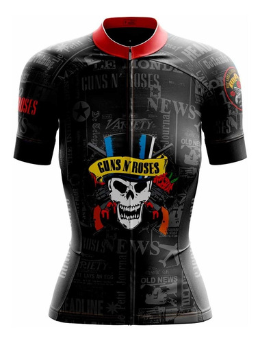 Camisa Guns N Roses Feminina Ciclismo Bike Tour Preta Rock