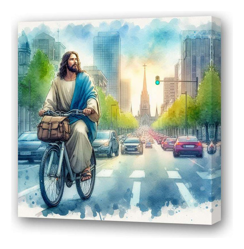 Cuadro 20x20cm Jesus Andando En Bici Ciudad Watercolor