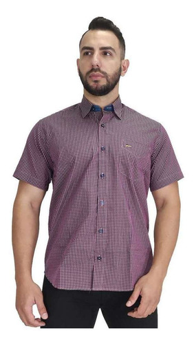 Camisa Masculina Manga Curta Xadrez Bordô E Preto