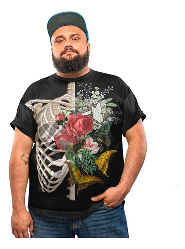 Camiseta Plus Size Caveira Floral Dark Style Rock Music