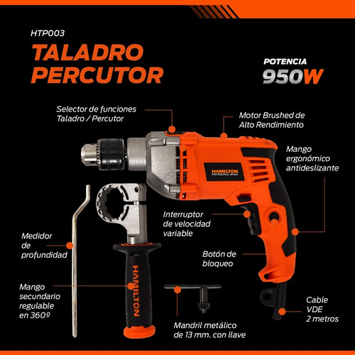 Taladro Percutor Eléctrico 220v 950w Mandril 13mm Hamilton Htp003