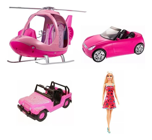 Barbie Helicoptero  + Auto + Jeep  + Muñeca Original Lelab