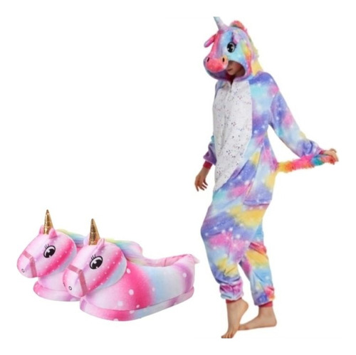 Pijama Y Disfraz Unicornio Enteritos Kigurumi + Pantuflas