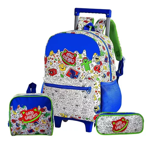 Mochila de Rodinhas Escolar Infantil Gato Galáctico Desenhos Colorir - Azul