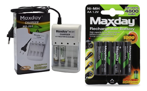 Cargador De Pilas Recargables Aa Y Aaa  Maxday + 4 Pilas Aa