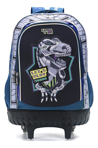 Mochila Skora Escolar Con Carro Color Azul Diseño Dinosaurio