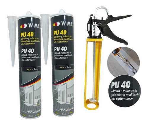 Kit 2 Cola Selante Pu 40 Resistente + Pistola Aplicadora Cor Preto