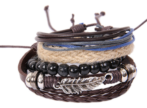 Pulsera S De Aleación De Cuero Con Cuentas En Forma De Hoja,
