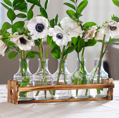 Florero De Cristal Con Soporte De Madera Y 5 Jarrones Para .