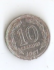 Moneda Argentina 10 Centavos  1957