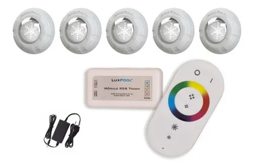 Kit Led Piscina Com Controle + 5 Leds Rgb 9w + Fonte