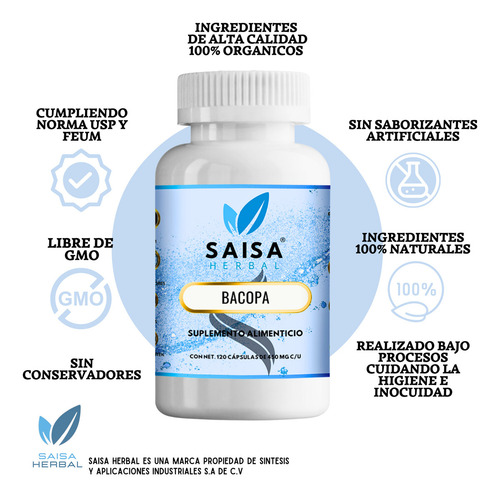Bacopa Premium 450 mg 120 Cáps Saisa Herbal | Suplemento Alimenticio | Memoria, Concentración y Función Cognitiva
