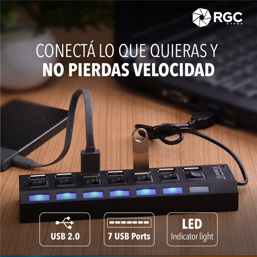 Imagen 8 de 10 de Hub Usb Multiplicador 7 Puertos Usb 2.0 Con Switch On Off