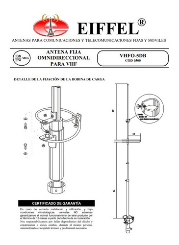 Imagen 3 de 7 de Antena Vhf Ringo Eiffel Doble 5/8 136 A 174 Mhz
