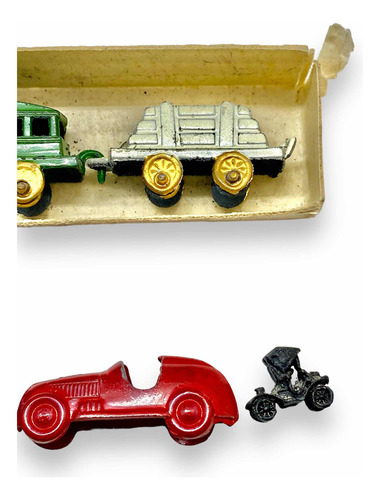 2 Antiguos Sets Mini Tren Y Autos Juguete Fierro Japón 1960s (Usado)
