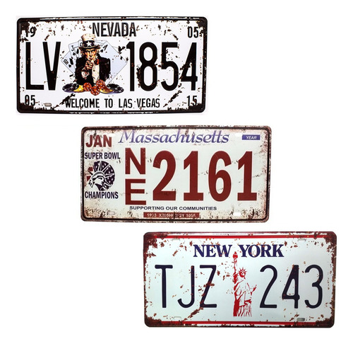 Kit 32 Placas Decorativa Aço Carro Alto Relevo Sortidas Estados Americanos