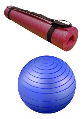 Kit 1 Tapete Yoga E 1 Bola 55cm Para Fisioterapia Exercícios Cor Vermelho-Azul