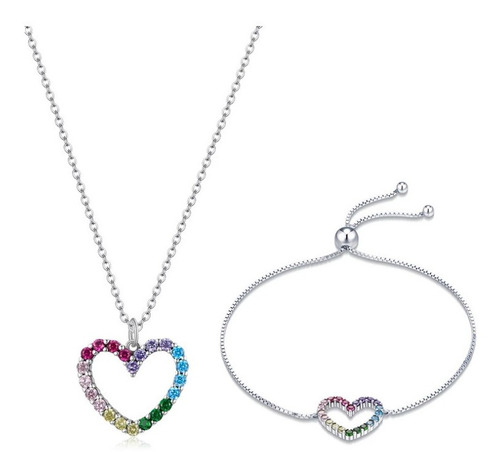 Collar Y Pulsera Para Mujer Corazón Cristales En Plata 925