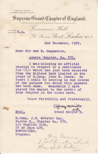 1952 Masoneria Carta De La Supreme Grand Chapter Of England